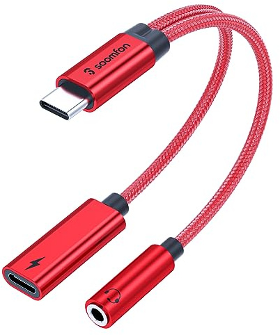SOOMFON 2-in-1 USB C auf Klinke Adapter und Laden, Typ C 3,5mm Aux Kopfhörer Adapter mit DAC-Chip, PD 60W Schnellladung, für iPhone 15/15 Pro Max, Samsung S24/S23/S22, Huawei, Pixel usw. (Rot)