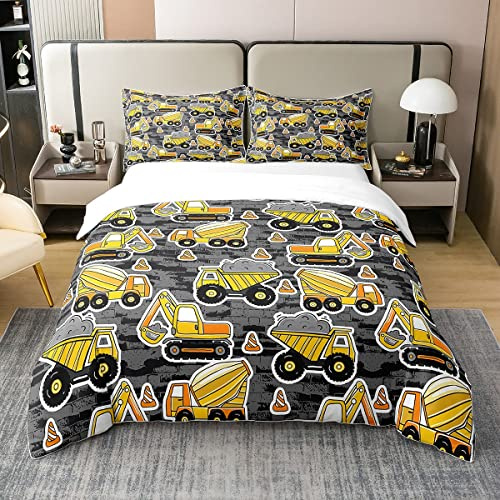 100% Natürliche Baumwolle Bagger Bettbezug für Kinder,Jungen Beton LKW Bettwäsche Set 135x200,Kind BAU Auto Tröster Abdeckung,Cartoon Autos Bett Sets mit1 Kissenbezug Zipper&Ties