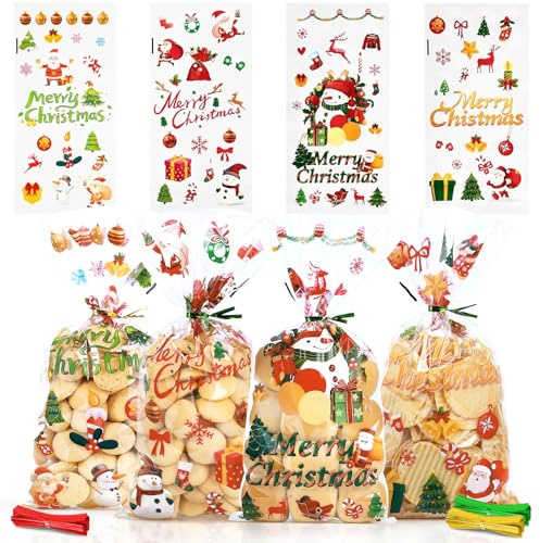 Zellophantüten für Weihnachten, 120 Stück, Weihnachtsgeschenktüten mit Bindebändern für Weihnachtsfeiern