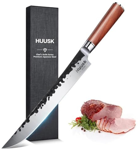 Huusk Japanese Brisket Slicing Knife - 10 Hand Forged Butcher Breaking Knife - Ultra Sharp Carving Knives for Meat BBQ Rib Roast - Grilling Gifts Idea for Men Smoker