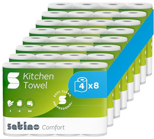 Satino Küchenrolle 2-lagig – extrem saugstark, extra reißfest & besonders weich dank feinstem Zellstoff – Made in Germany - Küchentücher Vorrat - Umfang: 32 Rollen - 64 Blatt je Küchenrolle - Reserve
