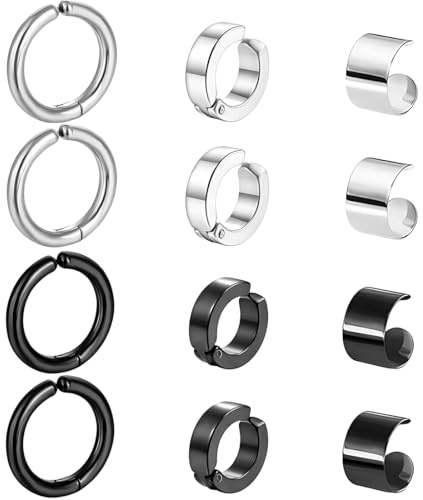 NHPY Pendientes de Aro para Hombre de Acero Inoxidable, Redondos sin Perforar, Color Negro Plateado - 12 Piezas
