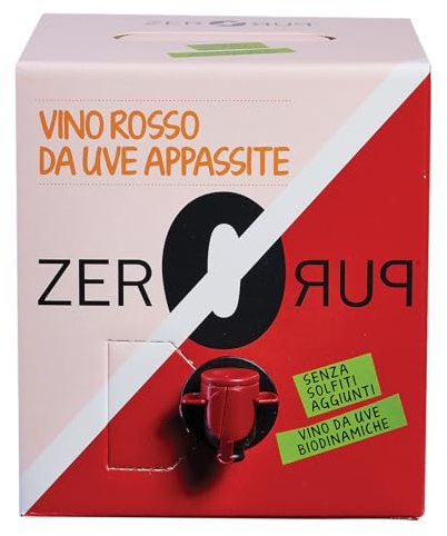 Vino Rosso Senza Solfiti Aggiunti da uve appassite Zero Puro Biologico Vegan Biodinamico in bag in box 3 litri 14% vol