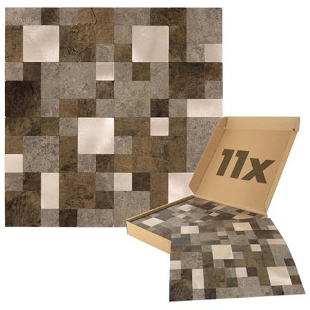 Dalsys 11x Wandpaneele selbstklebend Steinoptik 1m² Braun-Mix/Gold | Wandverkleidung in Steinoptik, feuchtigskeitsbeständig, Premium Qualität für Bad und Küche, Quadrat Rechteck Form
