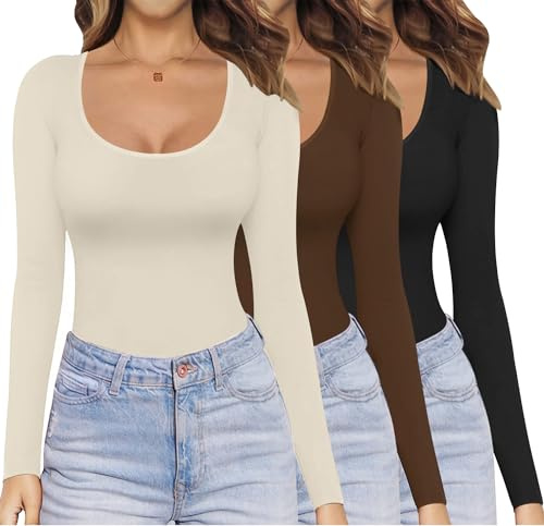 Ekouaer Womens Long Sleeve Tops 1&3 Pack Basic Scoop Neck Thermal T Shirt | stretch fitted, Long sleeve top in black white and more, xs-xxl, lightweight, base layer, suitable for going out, gym, yoga