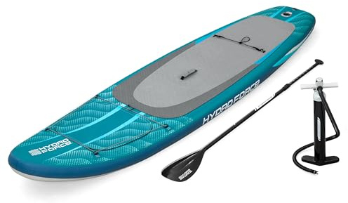 Bestway Hydro Force SUP Aqua Drifter Board-Set, 335 x 91,5 x 15 cm, bis 140 kg, FortiFiber Material, PVC-Oberfläche, abnehmbare Finne, Anti-Rutsch, Fenster, Pumpe, Paddel, Rucksack, Coil-Leash