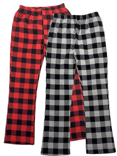 LANBAOSI 2Pack Girls Kids Flannel Pyjama Pants Boys Elastic Waist Loungewear Sleepwear Bottoms Brushed Cotton Check Lounge Pants with Pockets