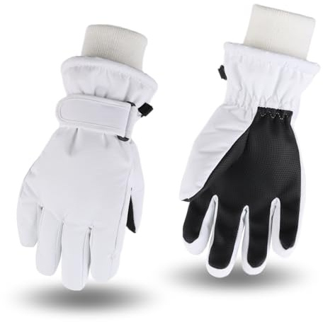Pesaat Waterproof Kids Winter Gloves Cartoon Boys Girls Snow Mittens Warm Outdoor Ski Gloves with Fleece Lining (Solid White, 9-13 Years)