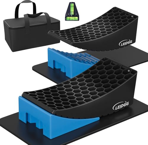 LEIDGG Blue RV Leveling Blocks Ramp Kit, 2 Packs Camper Leveler System for Travel with Two Chocks, 2 Anti-Slip Mats, 1T Bubble Level and Carry Bag, Up to 35000 LBS, Easier & Faster to Level Camper