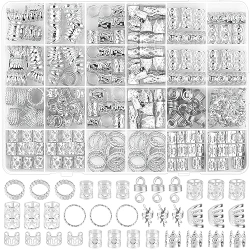 GHVACZS 290 Stück Dreadlocks Schmuck, 11 Stile Haarperlen zum Klipsen, Silber Braids Schmuck mit Einer Schmuckschatulle, Verstellbar Wikinger Haarschmuck für Männer, Frauen