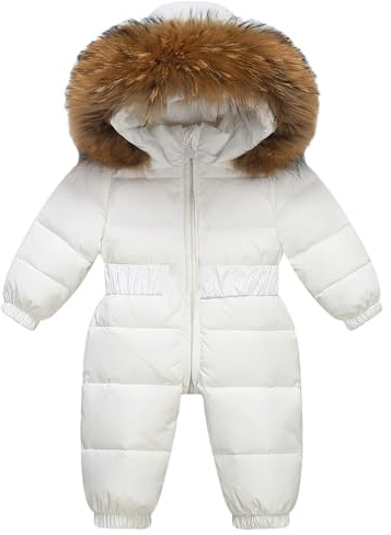 amropi Bebé Niña Traje de Nieve Mono con Capucha Plumón Chaqueta Abrigo Invierno Mameluco Blanco, 6-12 Meses