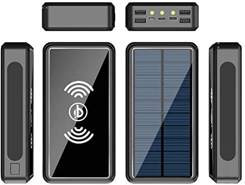 Chargeur Solaire 100000 mAh, Chargeur de Banque d'alimentation Solaire Portable sans Fil avec LED et 4 Ports de Sortie USB, Batterie de Secours Externe, Chargeur de téléphone de Grande capacité