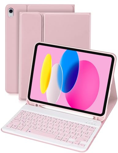 LAMA Étui avec Clavier pour iPad A16 11e génération 2025, iPad 10e génération 2022, étui de Protection Fin, étui avec Clavier Bluetooth sans Fil avec Porte-Stylo (AZERTY Français), Rose