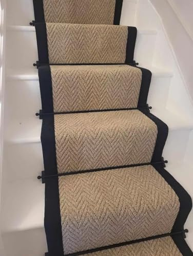 Herringbone Pattern Stair Runner Carpet, 6.5m x 0.6m, Beige with Black Border, Taped Edge