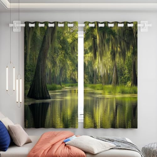 TDNEKMCA Eyelet Blackout Curtains, Decorative Blackout Curtains for Bedroom Living Room Thermal Insulated Energy Saving Eyelet Room Darkening Curtains Cypress Green Trees 2 Panels, 52 x 54 Inch