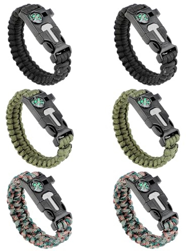 Pack de 6 Pulsera de Supervivencia 5 en 1 – Pulsera Paracord con Brújula, Silbato, Pedernal y Raspador de Aluminio – Kit de Emergencia (26x3cm) para Camping, Senderismo (Negro, Verde, Camuflaje)