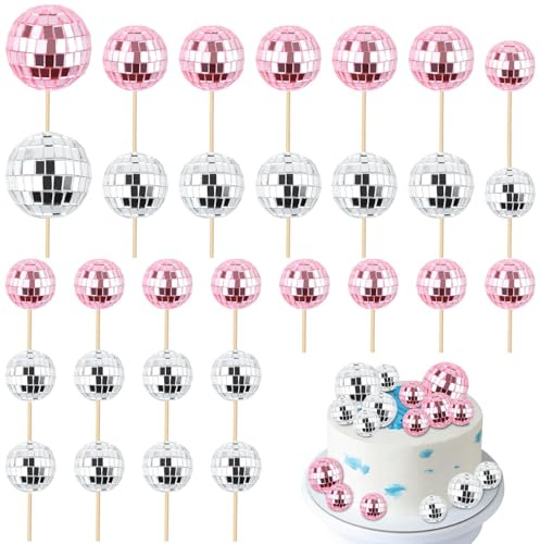 30Pcs Mini Disco Ball Cupcake Toppers, Shiny Disco Ball Picks Disco with Sticks Theme Party Supplies, 70s Retro Cake Decorations for Dessert Birthday Decorations(Pink, Silver)