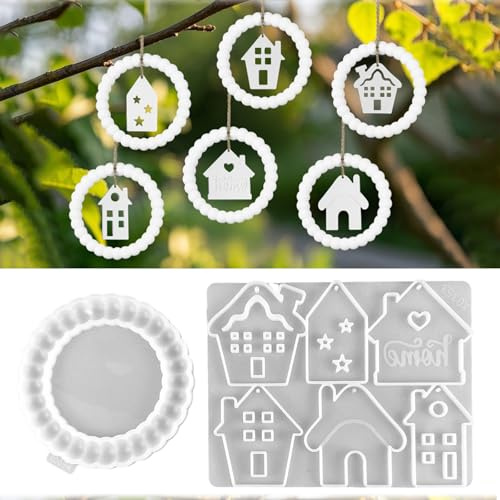 Silikonformen Gießformen Anhänger, 5 Stück Silikonform Haus mit Vogel Silikonform Frühling Anhänger Rund Silikon form Häuser Gipsformen Zum Gießen Gießformen Silikon für Handwerk (B)