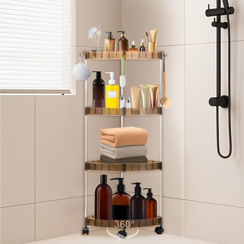 Toptime Corner Shower Caddy, 4 Tier Shower Organiser Trolley with 10 Hooks, Standing Organiser Storage Rack with Lockable 360° Swivel Wheels, Bathroom Shelves Storage Unit for Shampoo Shower Soap