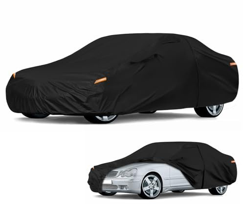 Autoabdeckung Wasserdicht für 1993-2006 Mercedes-Benz C-Class W202/W203 | Vollgarage Autoplane Auto Abdeckplane Winter Sommer Allwetter Outdoor Abdeckung mit Reißverschluss Tür, Windschutzbänder