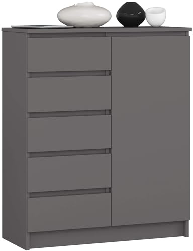 AKORD Kommode K80 mit 5 Schubladen, Schrank mit 1 Tür 3 Regalböden, Für das Wohnzimmer Schlafzimmer, Moderne, 16mm Laminierte Platte, B80xH97xT35 cm, Farbe Graphitgrau & Graphitgrau