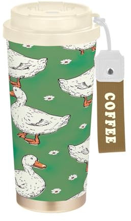 SKYSHU Cartoon Duck – Tasse à café de voyage isotherme de 500 ml avec couvercle paille, anti-déversement et anti-fuites avec poignée pour boissons chaudes et froides, bouteille d'eau réutilisable en