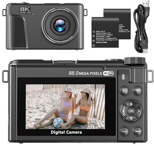 Fotocamera digitale 8K per fotografia, 88 MP WiFi Vlogging Camera per YouTube con zoom digitale 18X e schermo flip da 3 pollici a 180°, fotocamere Vlog autofocus con copriobiettivo, scheda da 32 GB, 2