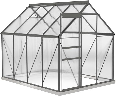 Outsunny Serre de Jardin 4,8 m² en Aluminium Polycarbonate avec Fondation, 190 x 253 x 199 cm, Serre avec fenêtre réglable Porte coulissante, abri extérieur résistant aux intempéries, Gris foncé