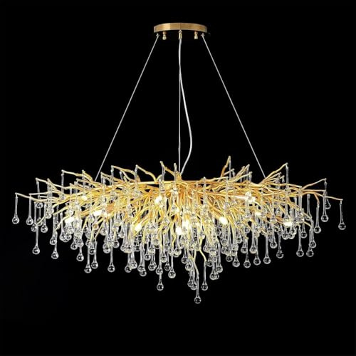 Leomix Moderner Goldener Kristallchandelier - Regentropfen- Und Astdesign, Luxuriöse Große Pendelleuchte Für Esszimmer, Wohnzimmer, Schlafzimmer, Eingangsbereich/Vorzimmer Mit Hohem Decke,L100cm