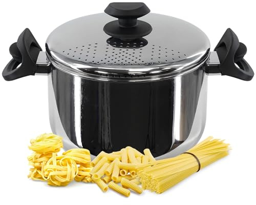 Large Stock Pot with Lid - 22 Cm Stainless Steel Pasta Pot Spaghetti, Stainless Steel Stock Pot, Pot with Locking Strainer Lid Induction, Cooking Pot with Non-Stick Coating for All Stoves