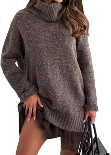 Conjunto de mini vestido de suéter de cuello alto para mujer, vestido de suéter suave de 2 piezas, elegante vestido de encaje con parte superior de punto, marrón oscuro, S