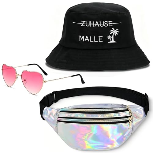 Crunier 3 Stück Mallorca Accessoires, mit Mallorca Hut, Bauchtasche Damen, Retro Brillen in Herzform, Malle Party Outfit Damen, Faschingsoutfit Mallorca