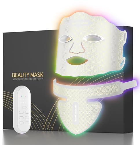 Masque visage et cou LED Luminothérapie 7 Couleurs, Lumière Rouge 630nm, Bleue 460nm & Infrarouge 850nm, Soin Beauté Maison Anti-Âge, Éclat du Teint, Peau Ferme, Cadeau Femme
