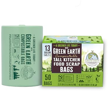 Green Earth Compostable Tall Kitchen Food Scrap Trash Bags, Superior Strength 0.9 Mil, Compost Bin Compatible, 13 Gallon, 49 Liter, 50-Count, ASTM D6400, BPI (US) & OK Compost Home (EU) Certified