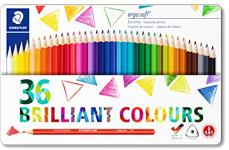 STAEDTLER Buntstifte ergo soft, ergonomische Dreikantform, erhöhte Bruchfestigkeit, rutschfeste Soft-Oberfläche, 36 Buntstifte in brillanten Farben im Metalletui, 157 M36