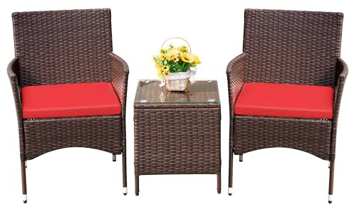 Devoko Patio Porch Furniture Sets 3 Pieces PE Rattan Wicker Chairs with Table Outdoor Garden Furniture Sets (Brown/Red)
