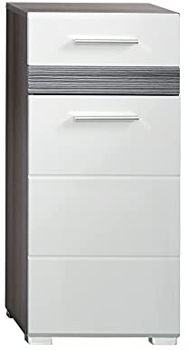 trendteam smart living - Set One - Standschrank - Weiß Hochglanz/Rauchsilber - Nachtkonsole 1 Schublade und 2 Fächer - (BxHxT) 37 x 80 x 31 cm - silberfarbene Griffe - kratzfest | B 37 x H 80 x T 31 cm · 1 Tür, 1 Schublade, 1 Einlegeboden