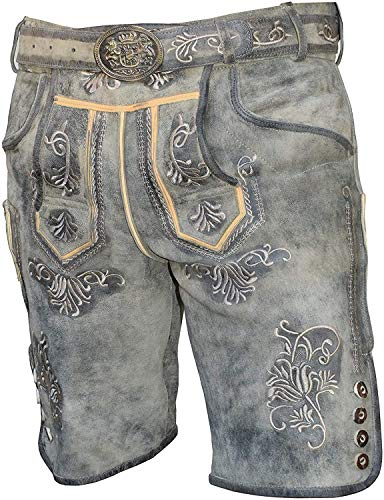 Kurze Herren Trachten Lederhose mit Gürtel, Antik Smoke, Wildbockleder, Alpen Spirit (52, Antik Smoke)
