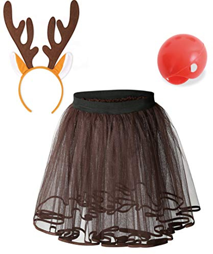 KarnevalsTeufel.de Kostüm Set REH Rentier 3 TLG. Rock Tüll Haarreif Rentier rote Nase Rudolf Weihnachten Geweih für Erwachsene (Small, Set 1)