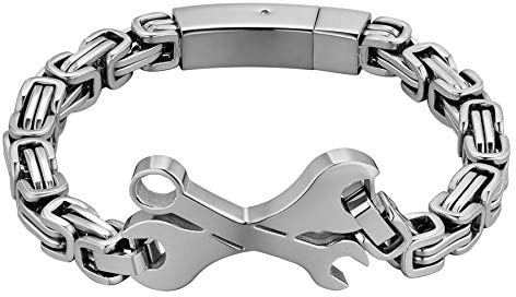 Flongo Herren-Armband Männer Armband Königskette Herrenkette Mechaniker Schraubenschlüssel Fahrradkette Motorradfahrer Biker Herren-Accessoires Silber Gold