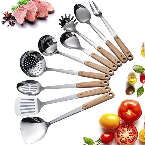 DFWYG Utensilios de Cocina de Acero Inoxidable, Juego de Utensilios de Cocina de 9 Piezas con Mango de Madera Antiescaldamiento, Utensilios de Cocina para Cocinar