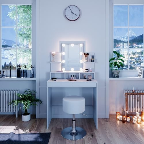 Vicco Schminktisch Ania, Weiß, 80 cm | mit LED Beleuchtung und Hocker, Platzsparend und funktional zugleich