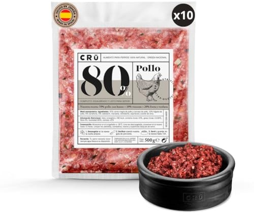 CRU - Dieta Barf para Perros de Pollo - Comida Natural Perros Cruda y Congelada - Comida para Perros Pequeños y Grandes - para 1 Mes Aprox - 10 Paquetes de 500g (10 Paquetes, Pollo)