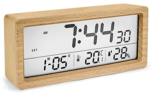 muenfly Wecker Digital, Digitaler Wecker 14.5 x 5.5cm großem Bildschirm Tischuhr mit Snooze/Datum/Temperatur und Luftfeuchtigkeit für Nachttisch, Schlafzimmer, Nacht Kinder und Büro (Buchenholz)