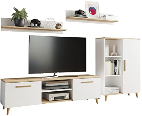 MATKAM Wohnzimmermöbel-Set Oslo, 4-teilig, 1 x TV-Kommode H47x B150 x T40 cm, 1 x Wohnzimmerkommode H112 x B80 x T30cm, 2 x Hängeregale H20 x B100 x T20 cm (Weiß-Artisan Eiche)