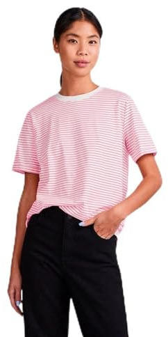 PIECES Women's Pcria Ss Fold Up Tee Noos Bc T-Shirt, Bright White/Stripes: Begonia Pink, S