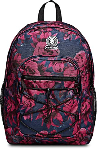 Invicta Schulranzen DIAL ROSES FANTASY mit Trinkflaschenfach, Extra Platz - 38 LT - Unisex, für Sport und Freizeit, italienisches Design, Geräumige Schultasche für Teenager schwarz/rosa Blumenmuster