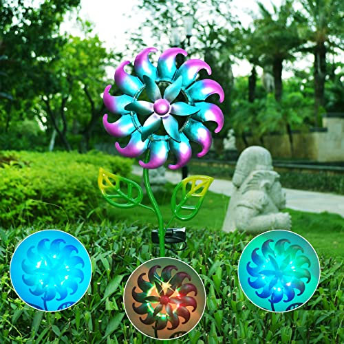 Solar Windmill Spinner - 3D Metal Garden Ornament with Colorful Lighting for Outdoor Courtyard and Home Decor