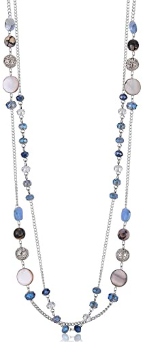 FULU AUTUMN Damen Statement Kette Lange Perlenkette Silber Chain Zwei Strang Modeschmuck Halskette Geburtstagsgeschenk