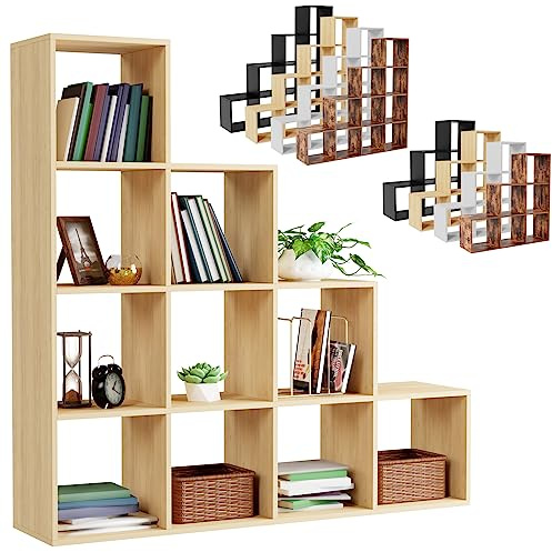 MIADOMODO® Treppenregal - Sonoma, 10 Fächer, 129,5x29x129,5 cm, für Wohnzimmer, Stabil, Offen, Freistehend, Indoor, aus MDF-Platte - Stufenregal, Raumteiler Regal, Bücherregal, Standregal